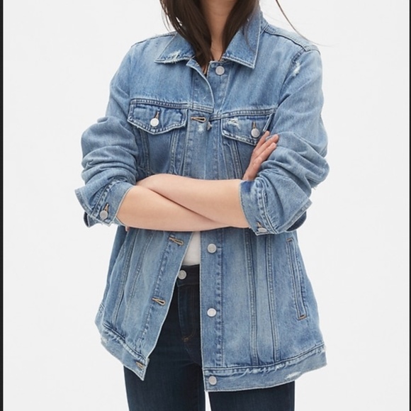 Distressed Oversize Icon Denim Jacket by Gap Size XL Tall Medium Indigo - Picture 9 of 10